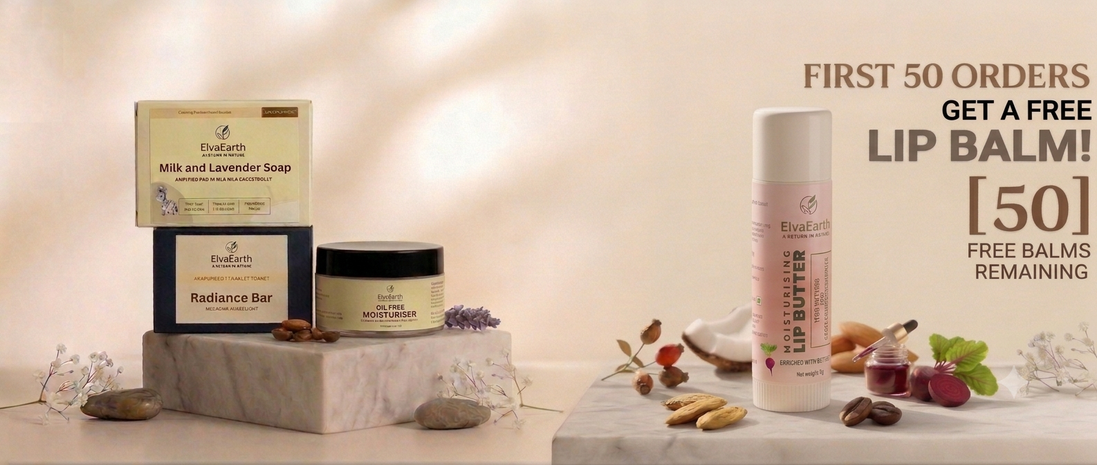 A promotional product display for Radiance Bar cosmetics showing a lip butter bottle, a milk and lavender soap box, and a bar of soap on a marble pedestal, alongside text offering a free lip balm for first 50 orders.
