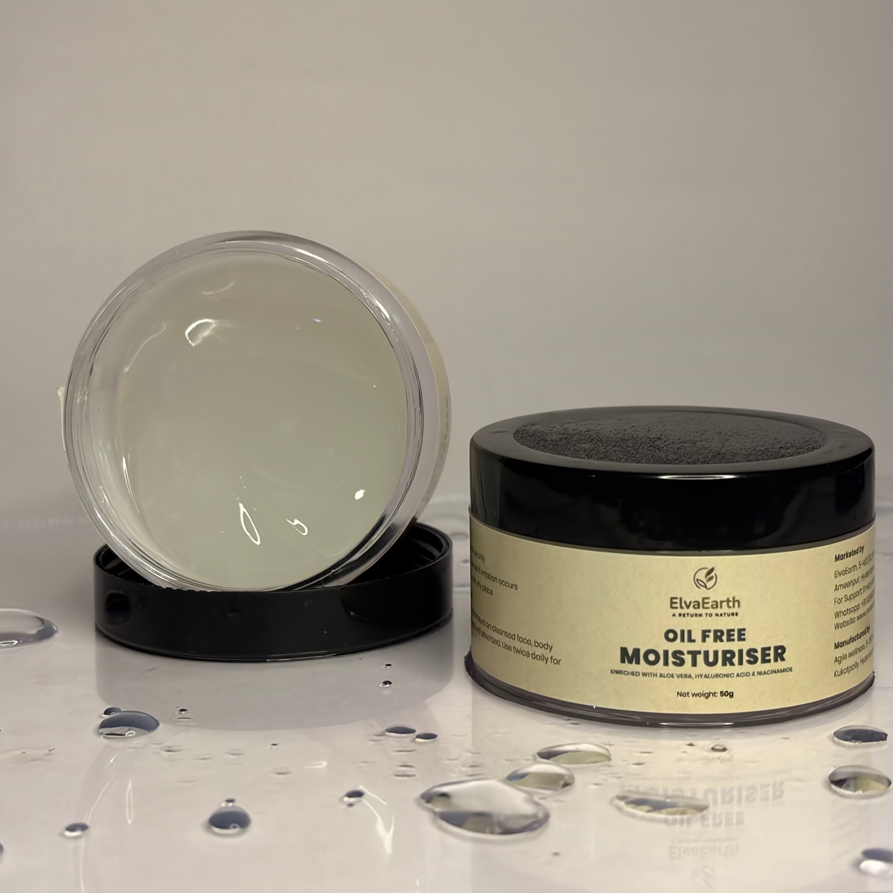 Oil-free moisturizer jar with open lid on a gray background