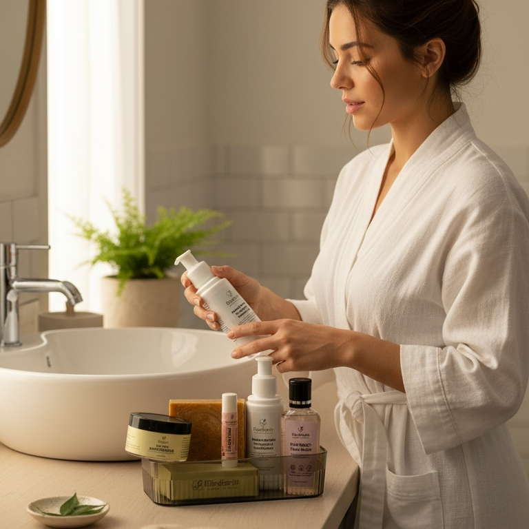 Woman in a white robe standing in a bathroom, holding skincare products.