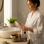 Woman in a white robe standing in a bathroom, holding skincare products.