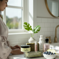 Woman in a bathroom with skincare products on the counter