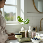 Woman in a bathroom with skincare products on the counter