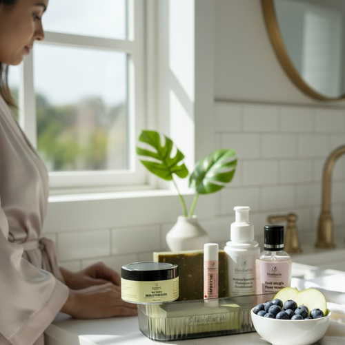 Woman in a bathroom with skincare products on the counter