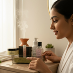 Woman in a robe applying skincare product in a bathroom setting