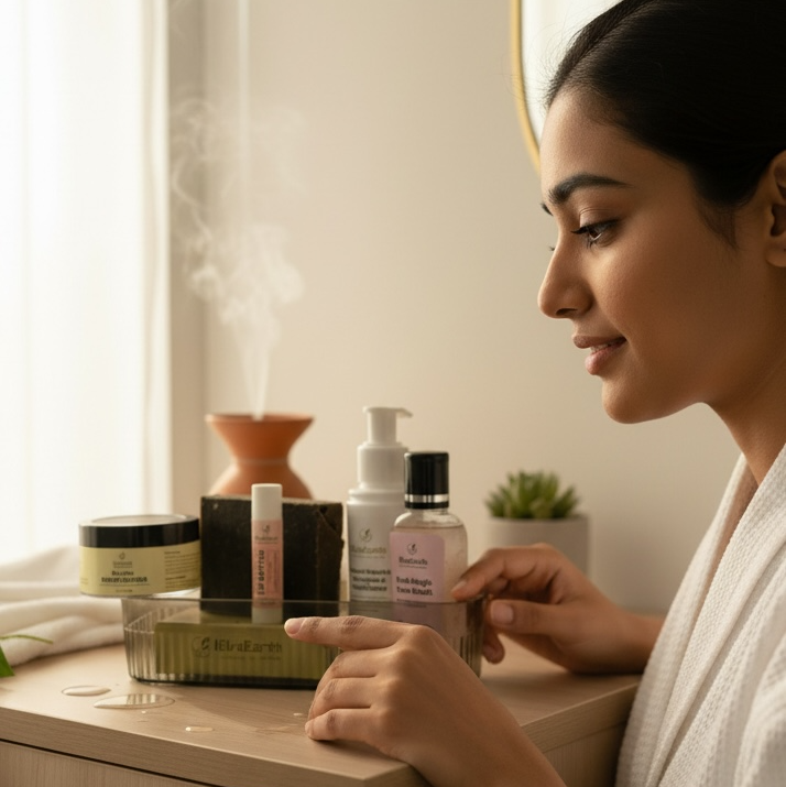 Woman in a robe applying skincare product in a bathroom setting