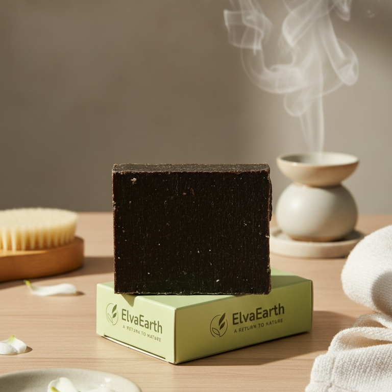 Bar of soap on a box with 'ElvaEarth' branding, surrounded by minimal decor on a wooden surface.
