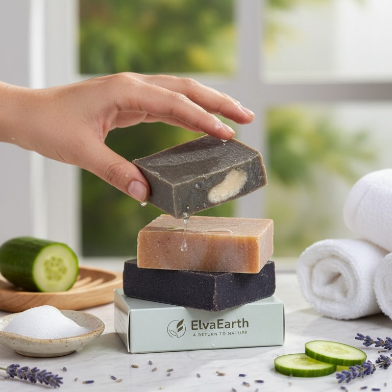 Hand holding a bar of soap above a stack with 'ElvaEarth' branding, on a marble surface with cucumbers and towels.