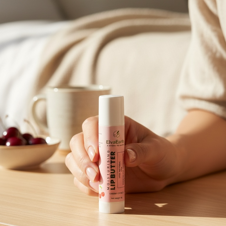 Person holding a skincare product on a wooden surface with a blurred background