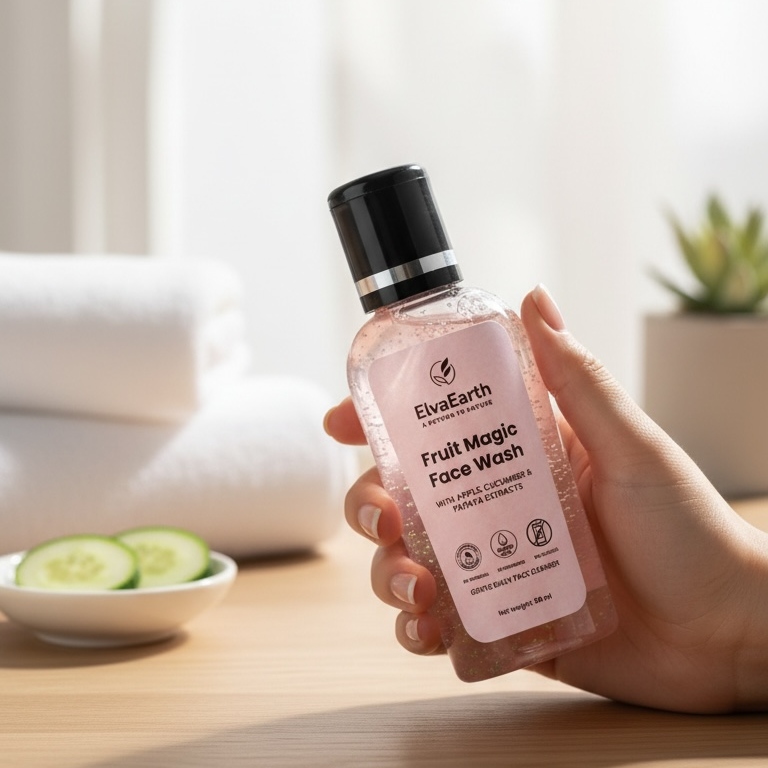 Hand holding a bottle of ElvaEarth Face Wash on a wooden surface with a blurred background