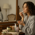 Woman applying makeup in front of a mirror with various skincare products on a wooden dresser.