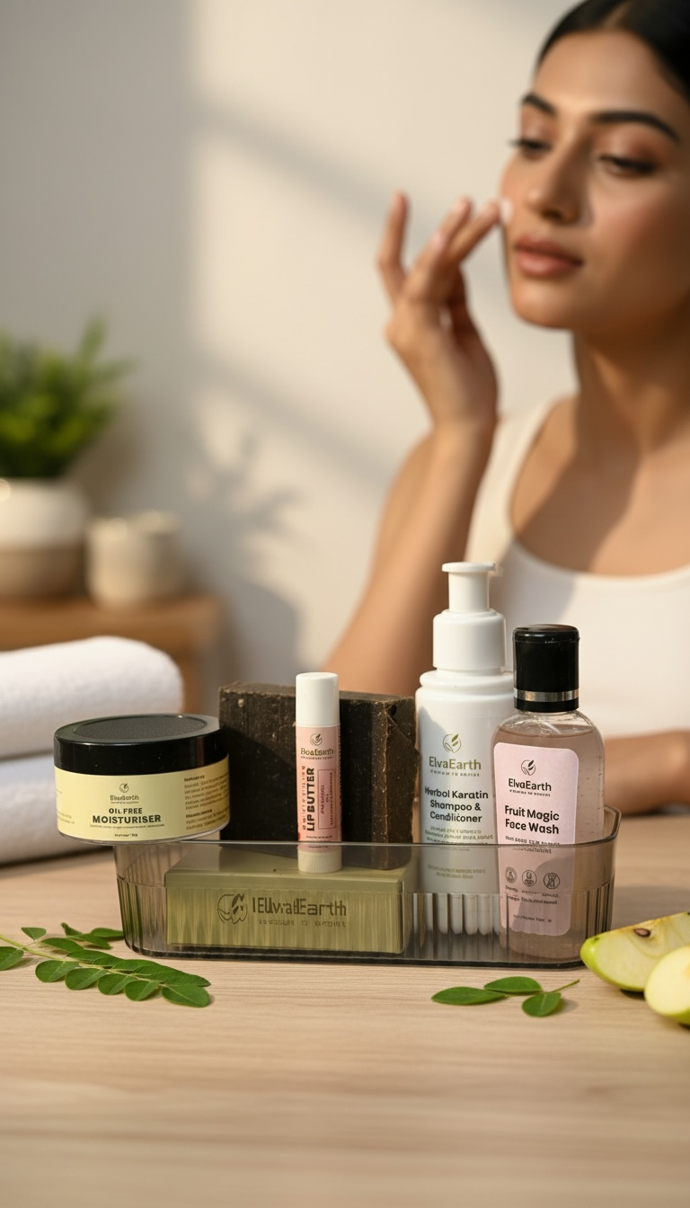 Woman applying skincare product with a display of Eartha Naturals skincare products on a wooden table.