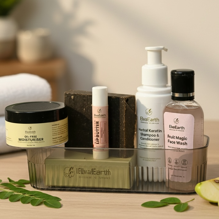 Collection of skincare products on a wooden surface with a blurred background