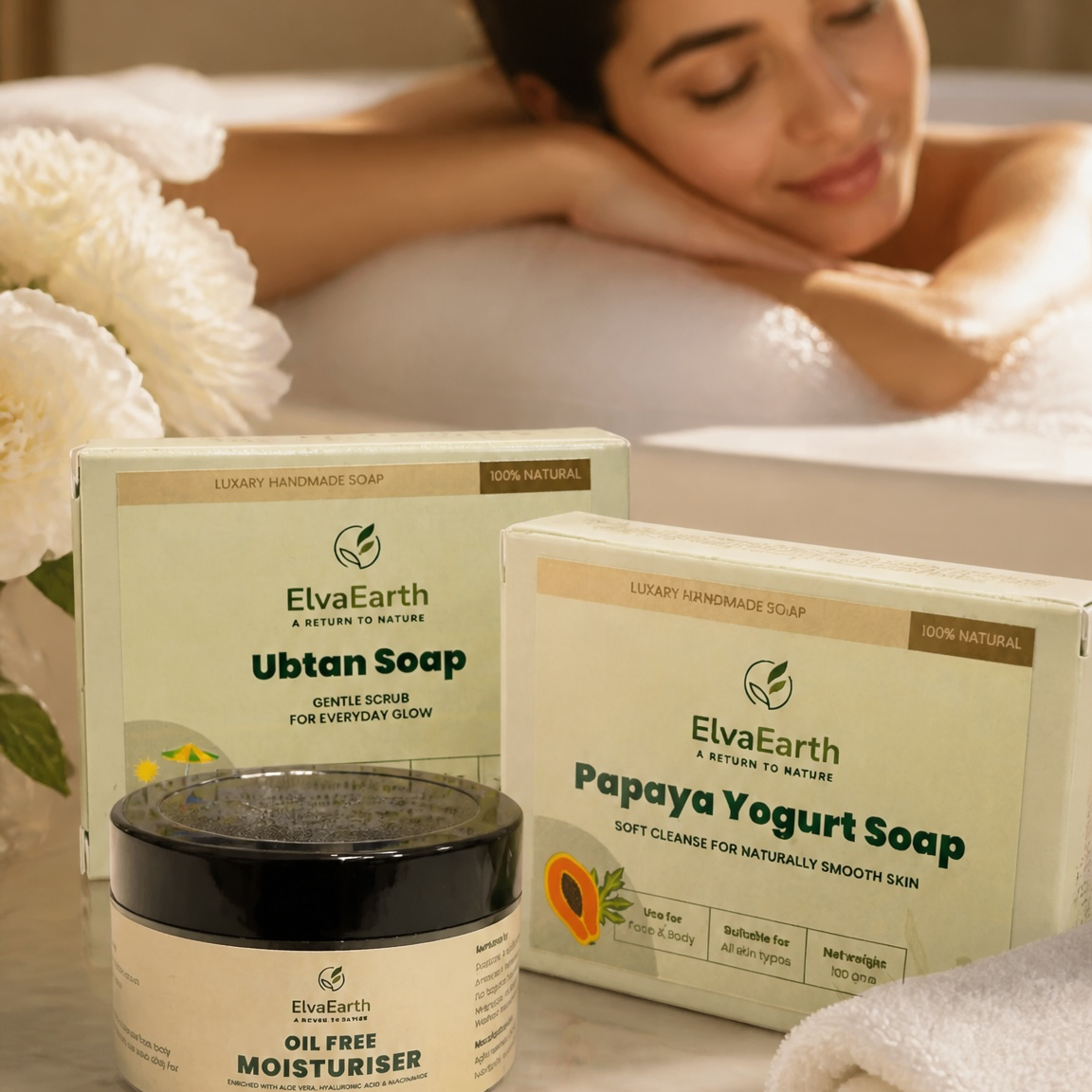 ElvaEarth skincare products displayed on a marble tray in front of a woman relaxing in a spa bathtub. The products include Ubtan Soap, Papaya Yogurt Soap, and an Oil-Free Moisturiser jar.
